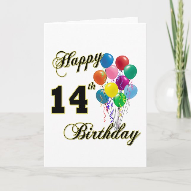 Tarjeta Felices regalos de cumpleaños número 14 y ropa de  (Anverso)