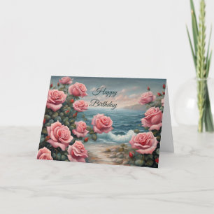 Tarjeta Felices rosas rosadas de cumpleaños junto al océan