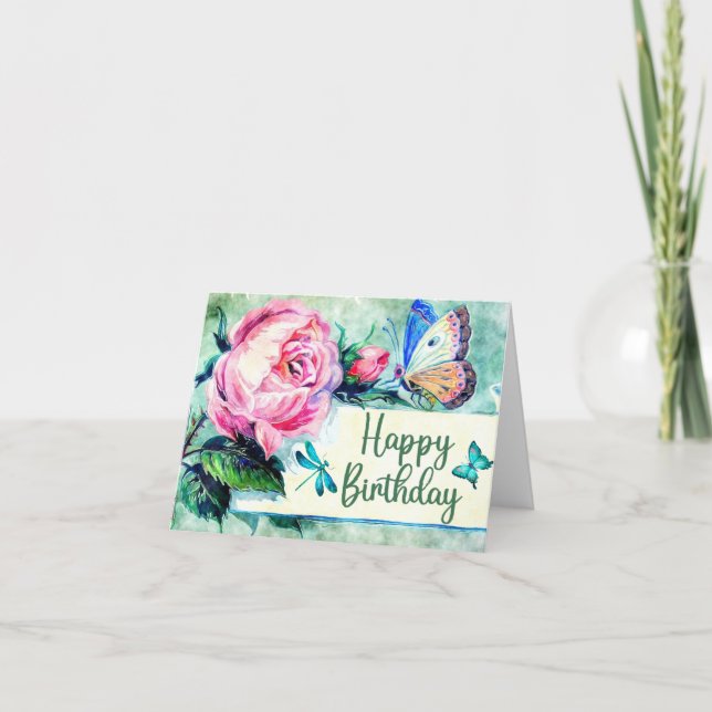 Tarjeta Felices Rosas y mariposas de cumpleaños (Anverso)