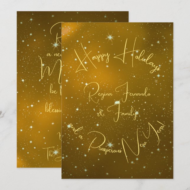 Tarjeta Felices vacaciones Año Nuevo Estrellas Típografía  (Anverso / Reverso)