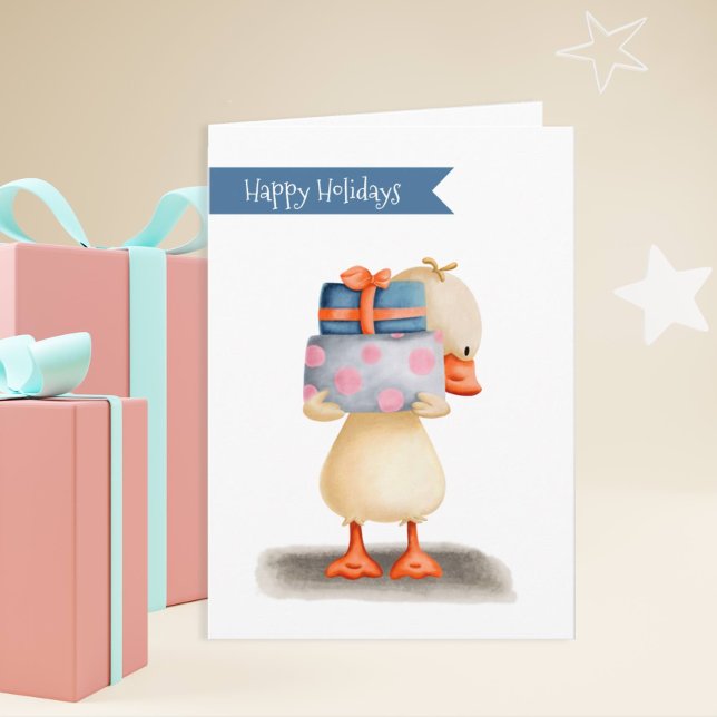 Tarjeta Felices vacaciones Cute Duck sujetando regalos (Subido por el creador)