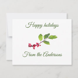 Tarjeta Felices vacaciones Holly berries nombre de sucursa