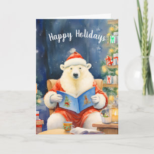 Tarjeta Felices vacaciones leyendo en un cómodo presidente