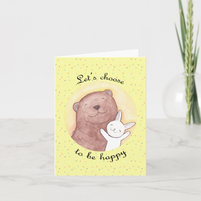 Tarjeta Felicidad Inspiradora positiva para oso y conejo (Anverso)