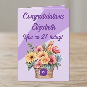 Tarjeta Felicidades 21 hoy floral púrpura cumpleaños
