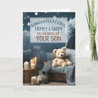 Tarjeta Felicidades a mamá papá Recién nacido azul