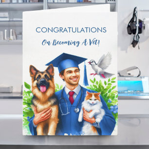 Tarjeta Felicidades al hombre veterinario con perros y gat