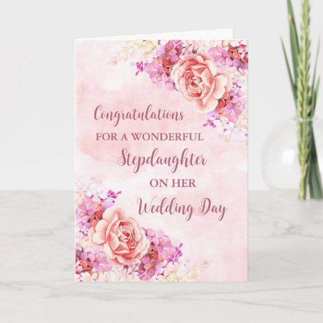 Tarjeta Felicidades Boda de la hijastra floral rosa (Anverso)