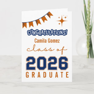 Tarjeta Felicidades Clase de 2026 Graduados Naranja Azul