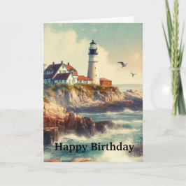 Tarjeta Felicidades Cumpleaños Acuarela Faro Vintage 