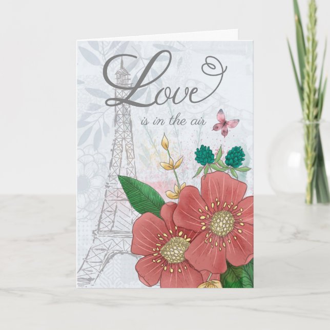 Tarjeta Felicidades de compromiso Torre Eiffel floral (Anverso)
