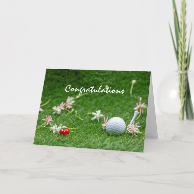 Tarjeta Felicidades de golf con flores y pelota de golf (Anverso)