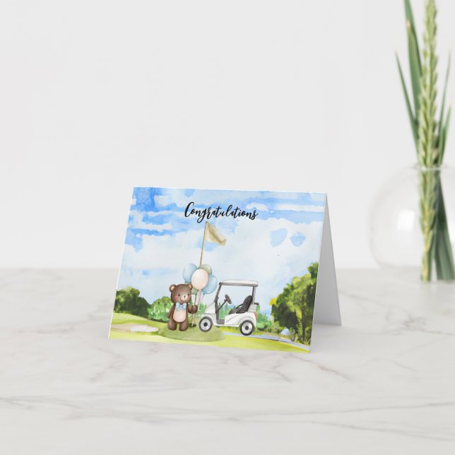 Tarjeta Felicidades de golf para el bebé golfer es niño (Anverso)
