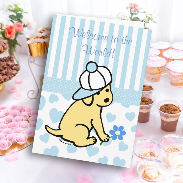 Tarjeta Felicidades de niño de Recién nacido azul amarillo (Yellow Labrador Blue New Baby Congratulation Card for Labrador Owners.  Cute Dog Cartoon Design.)