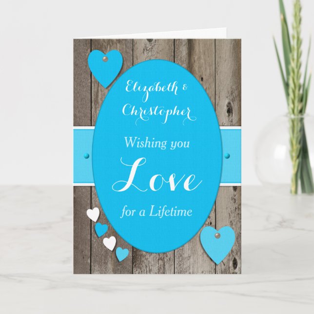 Tarjeta Felicidades Día de Boda Rústico azul (Anverso)