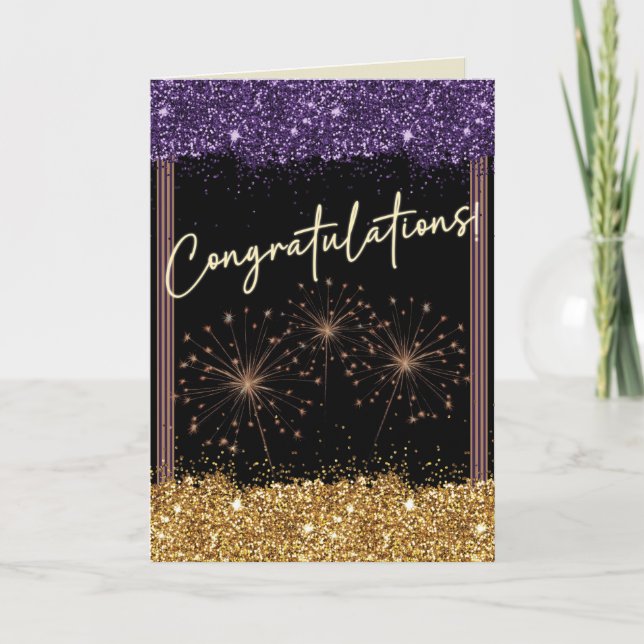 Tarjeta Felicidades Graduación Morado y Dorado Esparkle (Anverso)
