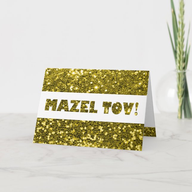 Tarjeta Felicidades Mazel Tov con brillo de oro (Anverso)