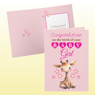 Tarjeta Felicidades niña jirafa rosa