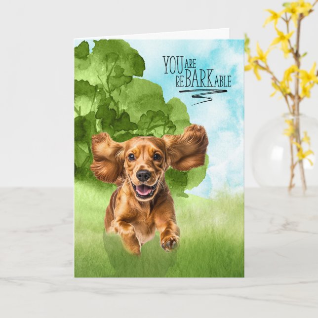 Tarjeta Felicidades perro Cocker Spaniel reBARKable (flor amarilla)