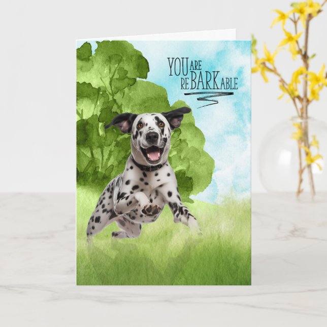 Tarjeta Felicidades perro dálmata reBARKable (flor amarilla)