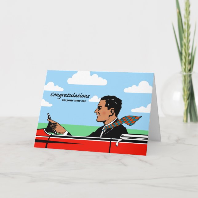 Tarjeta Felicidades por el auto nuevo, hombre deportivo co (Anverso)