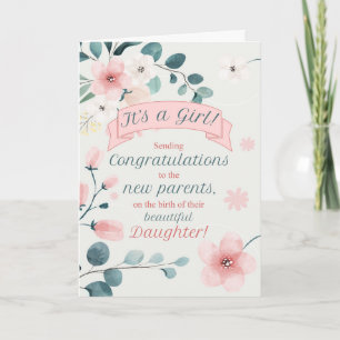 Tarjeta Felicidades por el nacimiento de una hija Flores d
