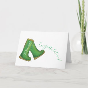 Tarjeta Felicidades por las botas de pozo verdes de la cas