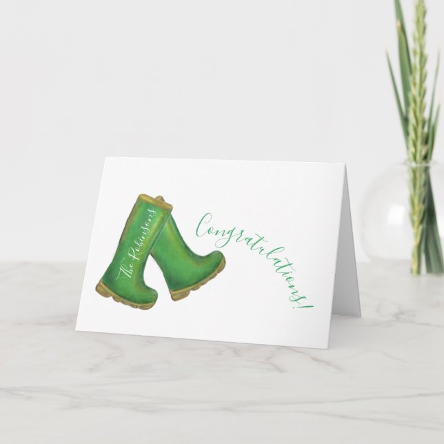 Tarjeta Felicidades por las botas de pozo verdes de la cas (Anverso)
