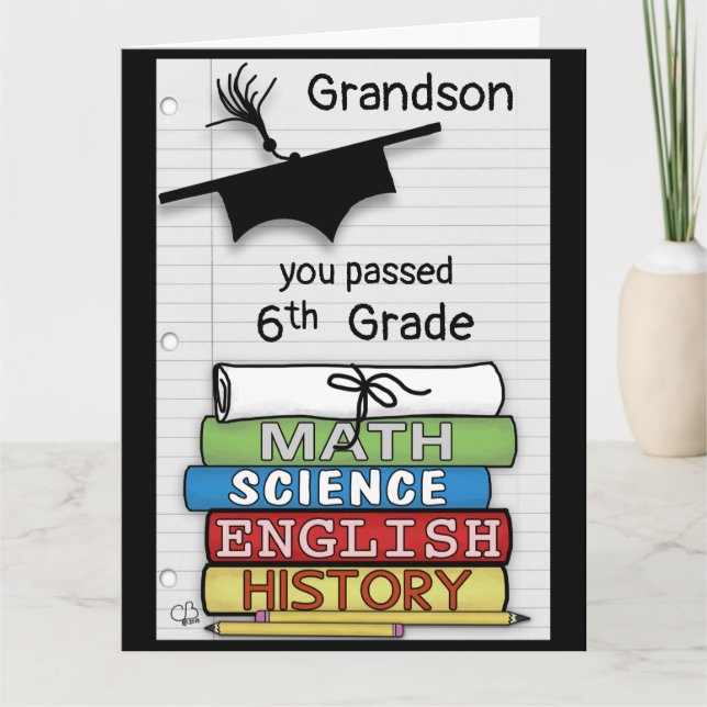 Tarjeta Felicidades por pasar el sexto grado, libros grand (Anverso)