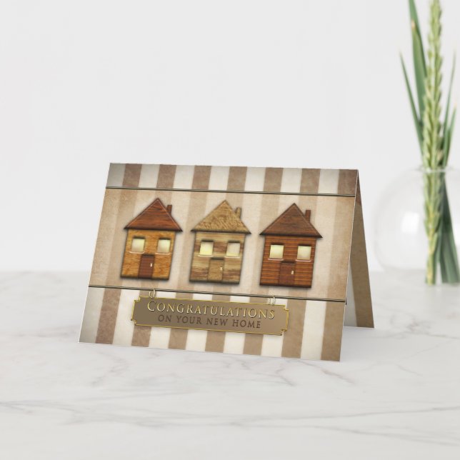 Tarjeta Felicidades por tu nuevo hogar - Marrón/Casas (Anverso)