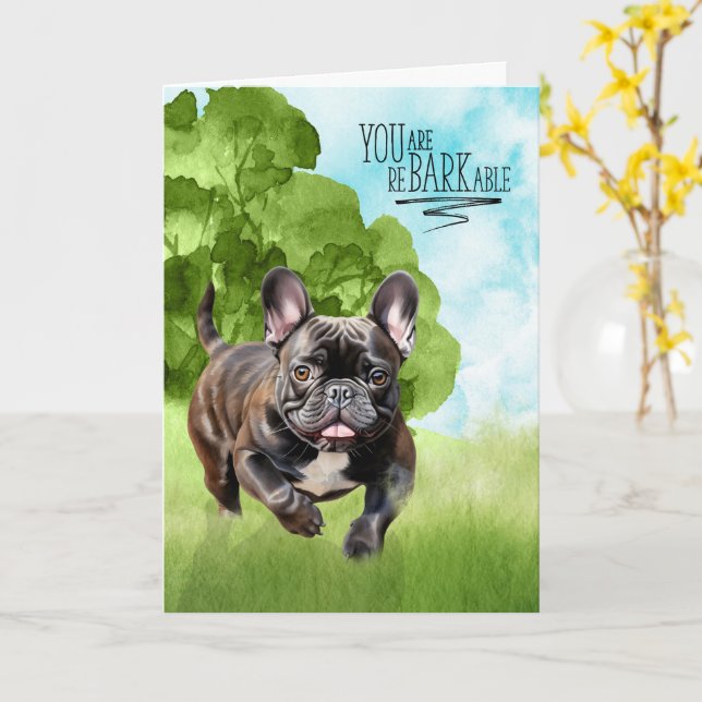 Tarjeta Felicidades reBARKable Brindle Bulldog Francés (flor amarilla)