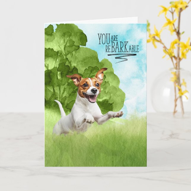 Tarjeta Felicidades reBARKable perro Jack Russell (flor amarilla)