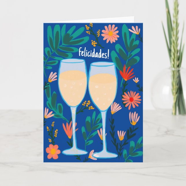 Tarjeta Felicidades Vino Espumoso Champán Floral Salud (Anverso)