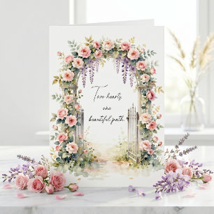 Tarjeta Felicitación de boda con arco floral rosa acuarela