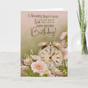 Tarjeta Felicitación Floral de Cumpleaños Atrasado Reloj A