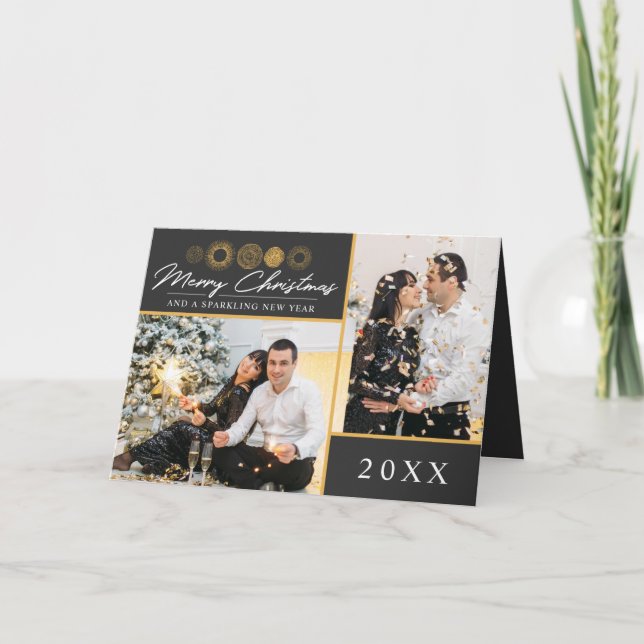 Tarjeta Felicitación fotográfica retro dorada de Navidad (Anverso)