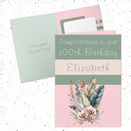 Tarjeta Felicitaciones 100 cumpleaños color verde rosa flo