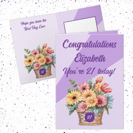 Tarjeta Felicitaciones 21 hoy cumpleaños floral morado