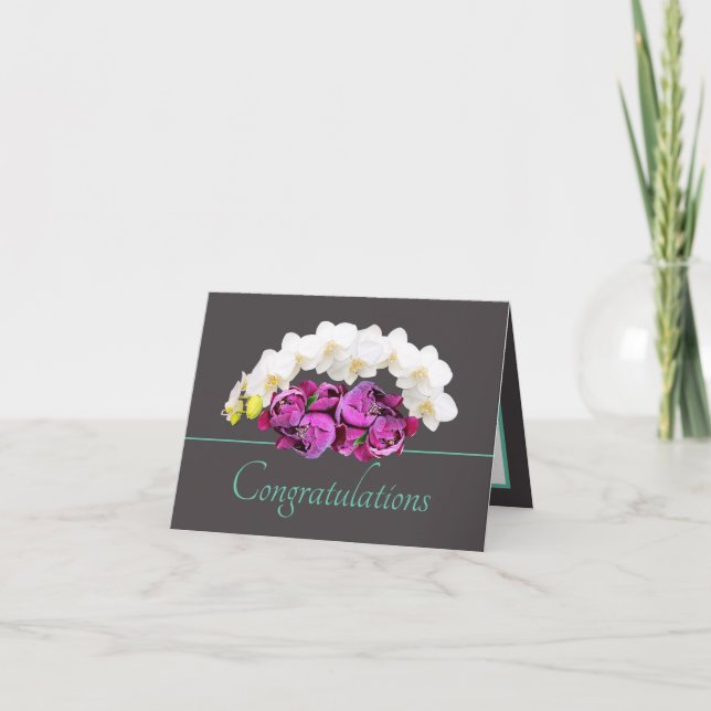 Tarjeta Felicitaciones a Gray Mint Orchid & Peony Bouquet (Anverso)