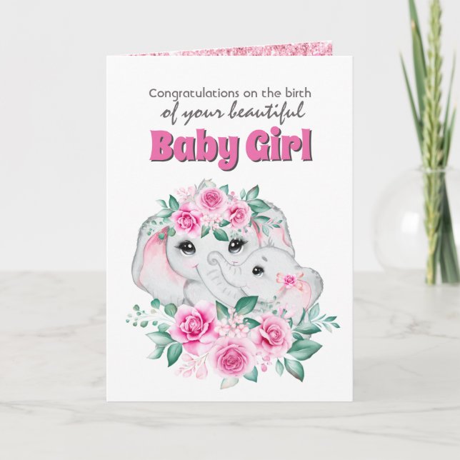 Tarjeta Felicitaciones a la bebé de elefante rosa (Anverso)