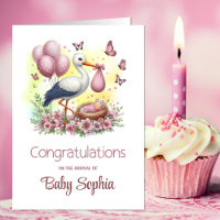 Felicitaciones a la bebé de la cigüeña rosa