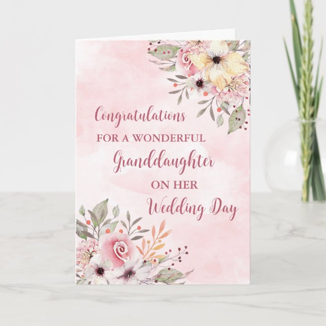 Tarjeta Felicitaciones a la nieta de flores rosadas Boda (Anverso)