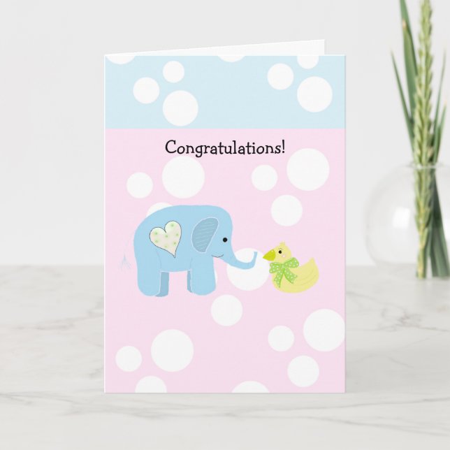Tarjeta Felicitaciones a los bebés elefantes y polka Dot (Anverso)