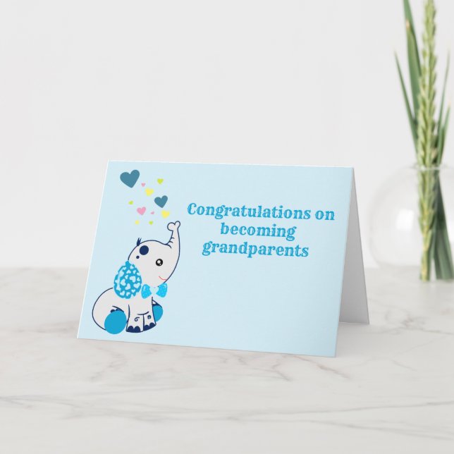 Tarjeta Felicitaciones a los nuevos abuelos, elefante azul (Anverso)