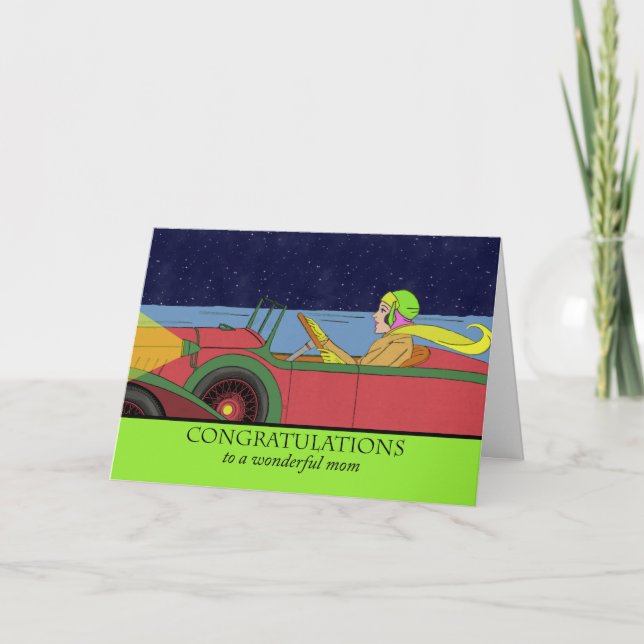 Tarjeta Felicitaciones a mamá por su nuevo auto, retro aut (Anverso)