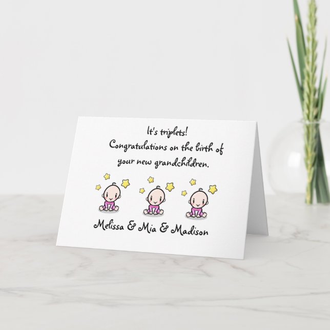 Tarjeta Felicitaciones Abuelos De Bebés Triplet, (Anverso)