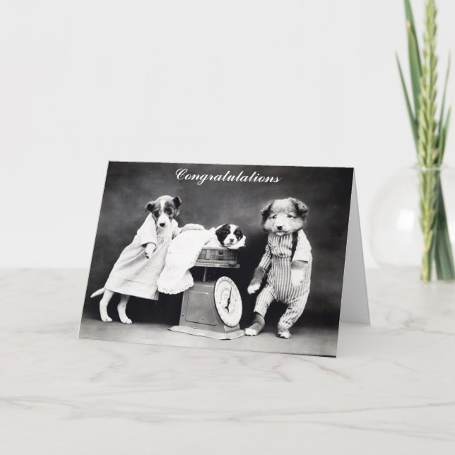 Tarjeta Felicitaciones al Recién nacido de Perro Cute Vint (Anverso)