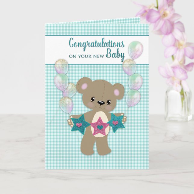 Tarjeta Felicitaciones al Recién nacido Neutral Teddy Bear (Orquídea)