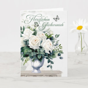 Tarjeta Felicitaciones alemanas Rosas blancas y mariposas