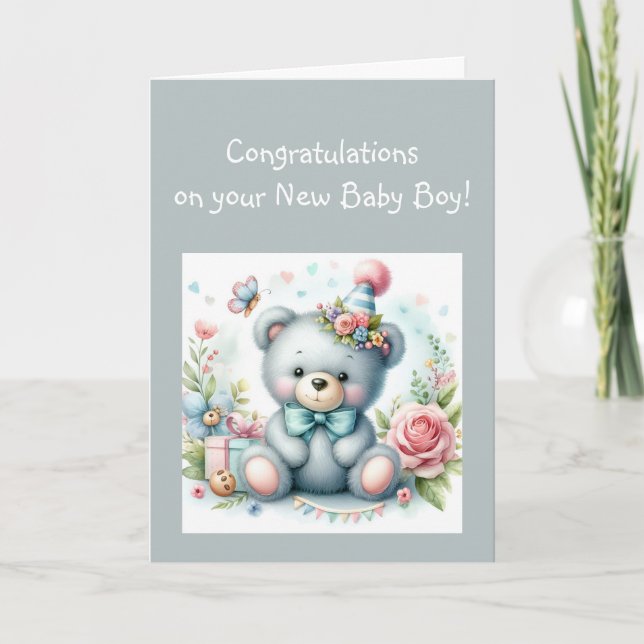 Tarjeta Felicitaciones Baby Boy Fun Teddy Bear (Anverso)